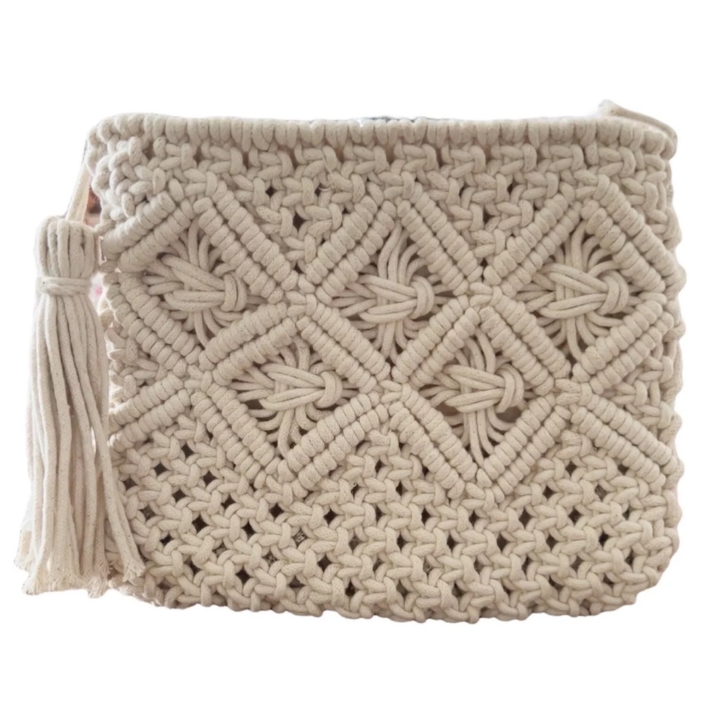 NWOT Handmade Macrame Natural Cotton Boho Zippered Bag